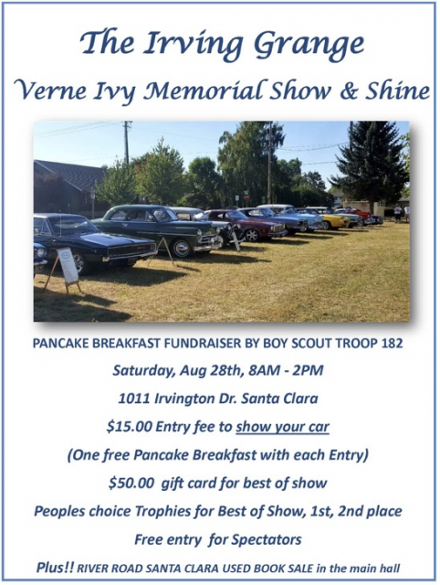 Flier for annual Show and Shine Car show at the irvington Grange