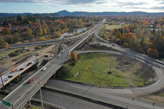 Drone overhead view of Delta-Beltline interchange during construction in November of 2020.