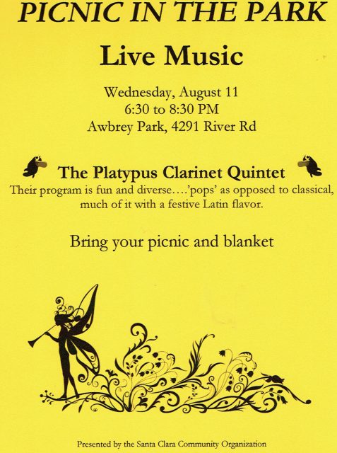 Yellow flier for Awbrey Park picnic, August 11